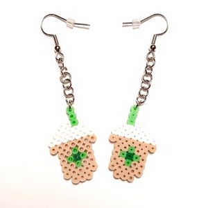 Handmade Mini Perler Bead Green/Tan Starbucks Drink Inspired Earrings. New